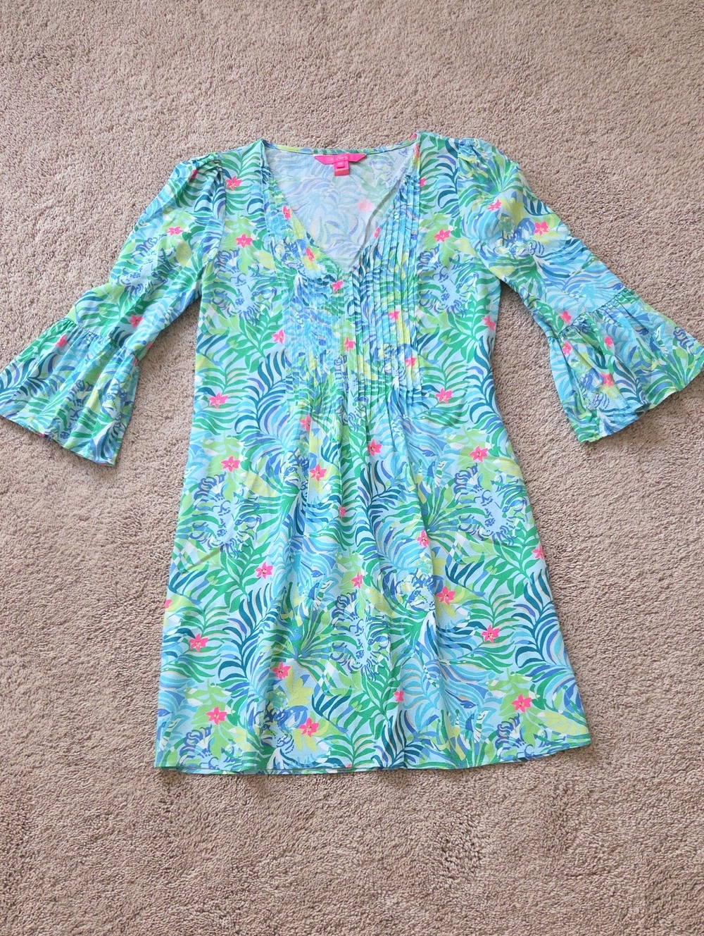 Lilly Pulitzer Green Blue Tropical Print Dress with Pink Accents